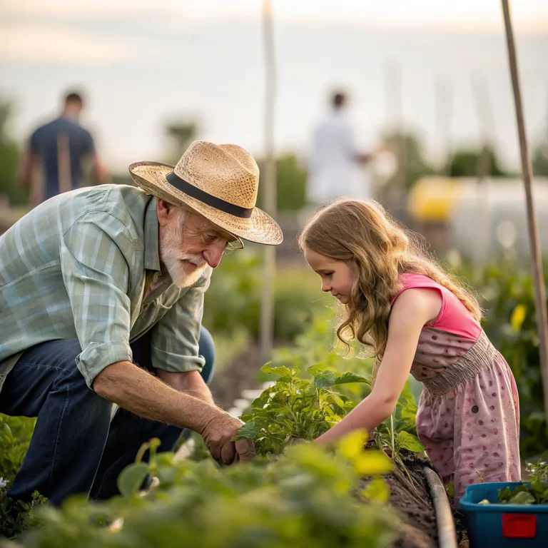 Een oudere man tuiniert samen met een kind, als gezonde en rustige manier om actief te blijven.